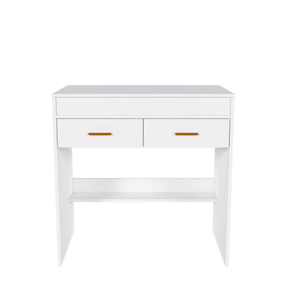 White Flip Top Vanity Desk with LED Lighted Mirror & Built-in Outlet, 2 Drawers, Open Storage, Jewelry Hooks