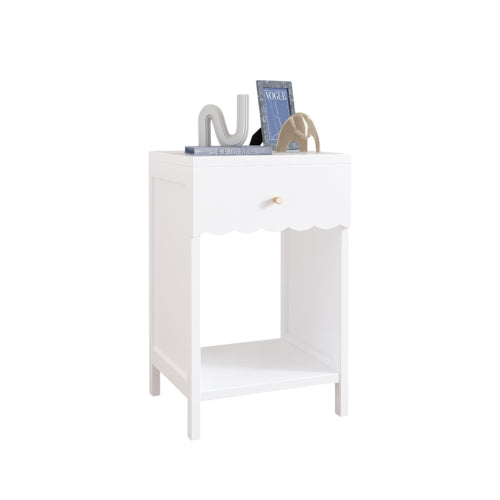 Modern White Nightstand with Drawer and Open Shelf,Scalloped Edge Bedside Table for Bedroom, Cute Minimalist Side Table for Kids Room or Girls' Room