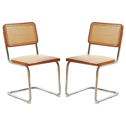Woven Rattan Cantilever Dining Chairs with Chrome Frames, Set of 2, Teak