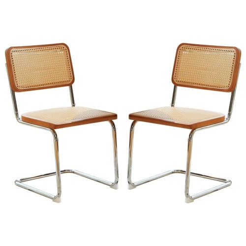 Woven Rattan Cantilever Dining Chairs with Chrome Frames, Set of 2, Teak