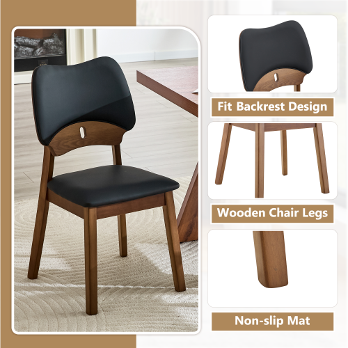 Set of 2 Walnut Wood Dining Chairs, Black PU Upholstered Hollow Back Modern Kitchen Chairs