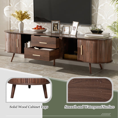 70.8 Inch Dark Brown Mid-Century Sliding Door TV Stand Solid Wood Leg Media Console Fits 80 Inch TV
