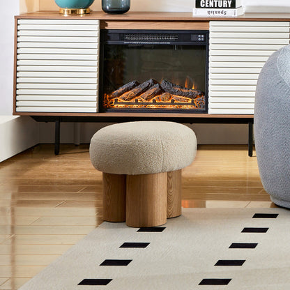 Beige Teddy Mushroom Ottoman, Walnut Finish Barrel Base Cute Foot Stool for Living Room Entryway