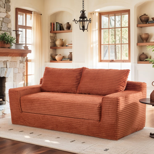 Orange Memory-Foam Convertible Compression Loveseat Sofa-Bed Corduroy No-Assembly Couch for Small Apartment