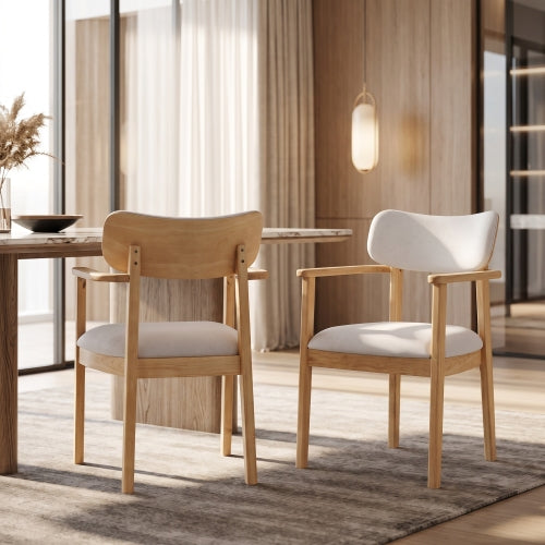 Upholstered Dining Chair Set of 2, Natural Rubberwood Frame, Beige Fabric