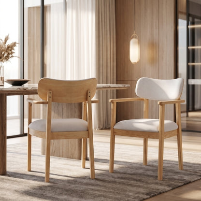Upholstered Dining Chair Set of 2, Natural Rubberwood Frame, Beige Fabric