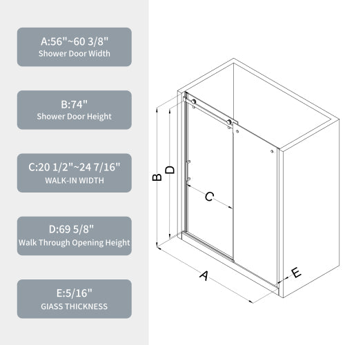 Glass shower door, sliding door, with 5/16" tempered glass and Matted Black finish 6074