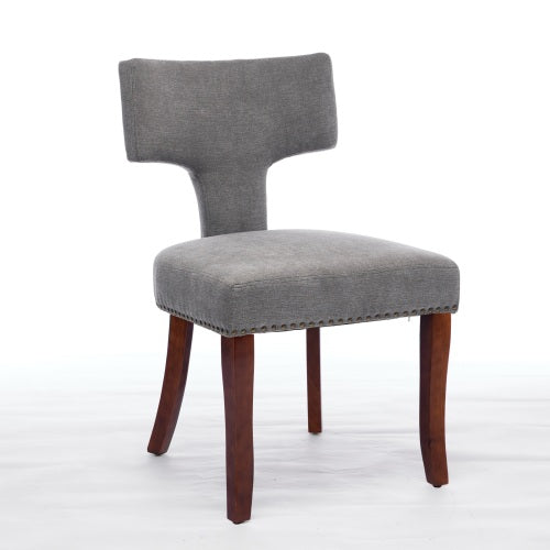 Set of 2 Gray Linen Mid-Century Farmhouse Dining Chairs, Copper Nail Curved Back Walnut Solid Wood Legs 300lbs Capacity