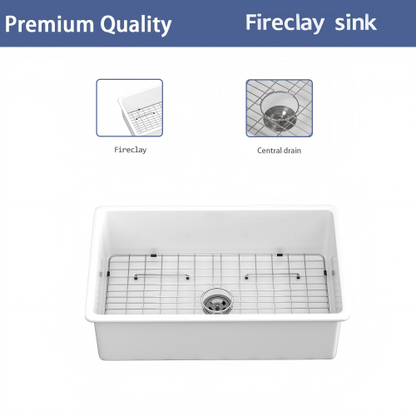 32"x19"x10" Undermount Single Bowl Porcelain Fireclay Kitchen Sink - Dual Mount White Fireclay Rectangular Deep Single Bowl Sink Basin