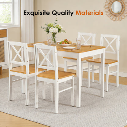 5-Piece Natural White Solid Rubberwood Dining Set, Space-Saving Table & 4 Chairs for Home & Restaurant