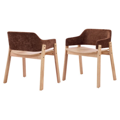 Set of 2 Brown Fabric Arm Dining Chairs, Natural Rubberwood Frame Farmhouse Accent Chairs