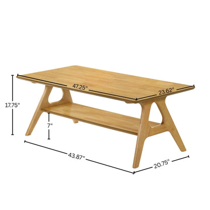 Mid Century Modern Wood Coffee Table with Storage Shelf MDF Veneer Rubberwood Base