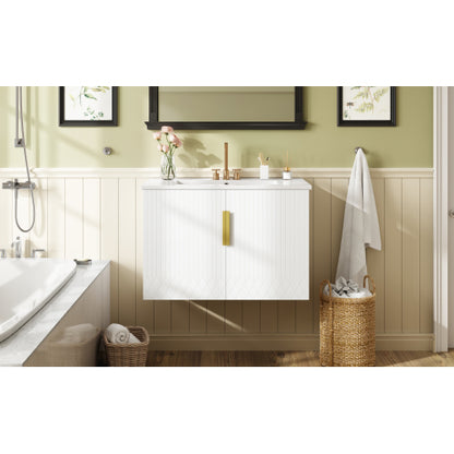 30" Vintage Bathroom Vanity with Ceramic Sink, with 3 Holes Single Ceramic Sink, Bathroom Storage Vanity Cabinet with 2 Soft Closing Doors