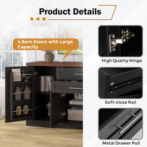 63 inch Farmhouse Barn Door Storage Cabinet with 2 Drawers & Door Rack, Large Buffet Table Coffee Bar Cabinets with Adjustable Shelves for Kitchen, Living Room, Entryway, Dining Room, Black