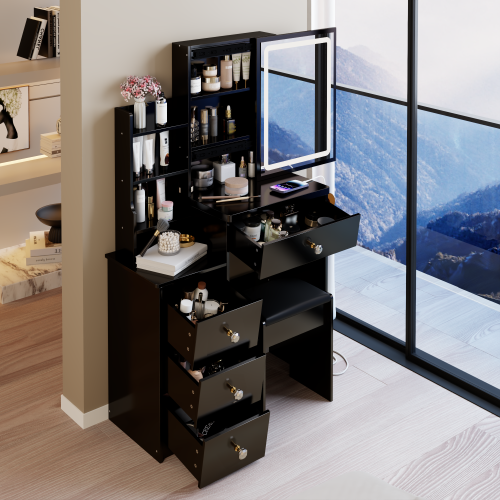 29.2" Small Size Left Bedside Cabinet Vanity Table + Cushioned Stool, 2 AC+2 USB Power Station, Hair dryer bracket, Extra Large Touch Control Sliding LED Mirror, Tri-color Switching, Brightness Adjust