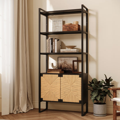 Rattan Storage Bookshelf with Cabinet for Living Room Bedroom