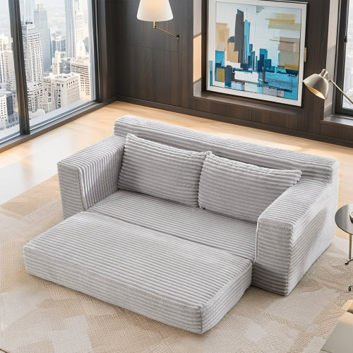 56-Inch Grey Corduroy Memory-Foam Compression Convertible Loveseat Sofa No-Assembly for Small-Space Apartment Home-Office