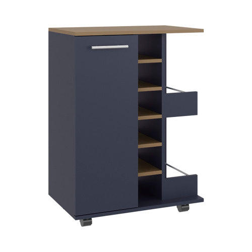 Bar Cart, Two External Shelves, Four Casters, Six Built-In Wine Rack, Single Door Cabinet, Natural Oak, Blue