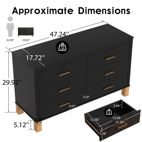 6 Drawer Double Dresser Modern Black Storage Cabinet with Metal Handles Solid Wood Legs
