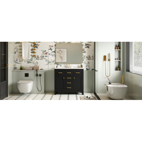 36'' Bathroom Vanity with Ceramic Sink Combo Set,Modern Freestanding Single Bathroom Cabinet with 4 Drawers & 2 Cabinets,Storage Cabinet for Bathroom, Solid Wood Frame Vanity Set, Black