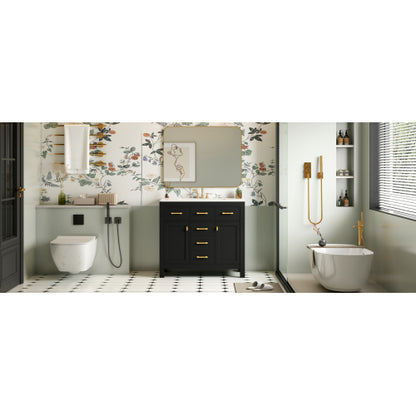 36'' Bathroom Vanity with Ceramic Sink Combo Set,Modern Freestanding Single Bathroom Cabinet with 4 Drawers & 2 Cabinets,Storage Cabinet for Bathroom, Solid Wood Frame Vanity Set, Black