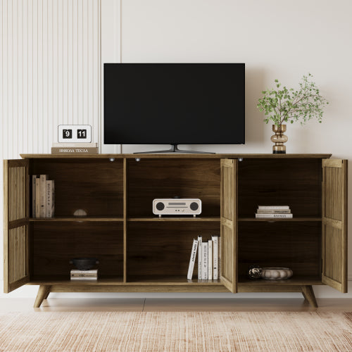 58.86 Inch Solid Knot-Free Pine Mid-Century TV Stand with Adjustable Shelf & Push-to-Open Doors