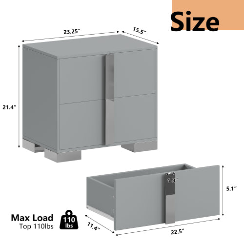 Modern End Table with Drawers, Elegant Nightstand with Metal Foot,Wood Bedside Table with Mirrored Metal Handles,Sofa Side End Table for Bedroom Living Room Office,Grey