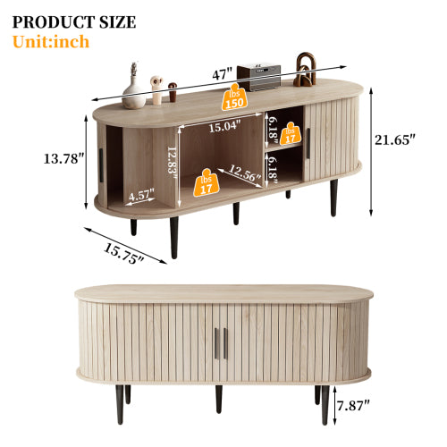 47 Inch Modern TV Stand with Sliding Door Storage Cabinet Natural Wood