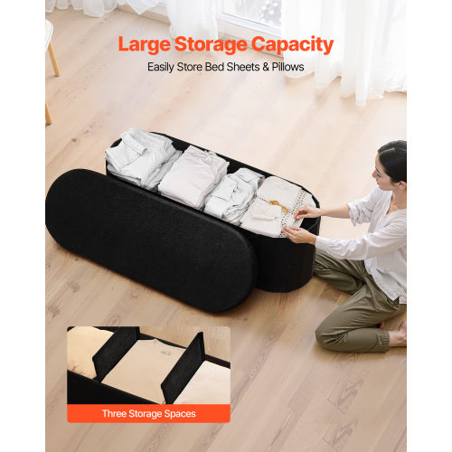 Black Foldable Teddy Fleece Oval Storage Ottoman Bench, 660 LBS Bed End Bench with Divided Storage