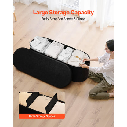 Black Foldable Teddy Fleece Oval Storage Ottoman Bench, 660 LBS Bed End Bench with Divided Storage