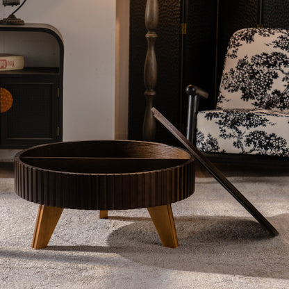 31.5inch  Retro Round Coffee Table Storage MDF Solid Wood Legs Living Room Accent Brown