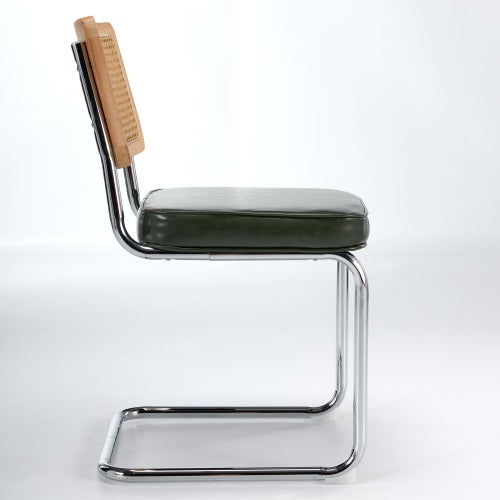 Set of 2 Mid-Century Cane Rattan Dining Chairs, Solid Wood Frame, Olive Faux Leather Seat, Cantilever Chrome Metal Base
