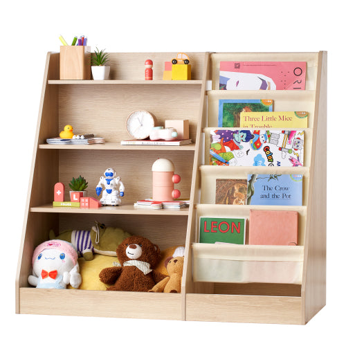 4-Tier Wooden Kids Bookshelf with Sling Book Rack for Playroom