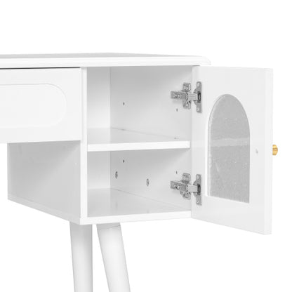 White Multi Purpose Vanity Table & Stool Set, Built in 2 Outlet & 2 USB Charging Port, Carved Glass Cabinet