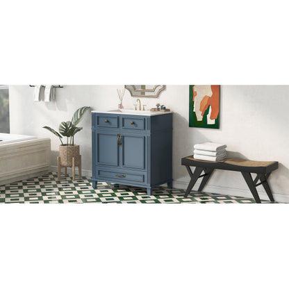 30'' Bathroom Vanity with Ceramic Sink,Solid Wood Frame Bathroom Storage Cabinet with Soft Closing Doors,Retro Style, Blue