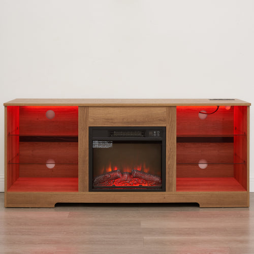 58 Inch Oak Electric Fireplace TV Stand Bluetooth RGB LED Light Media Console with Built-In Power Outlet for 65 Inch TV