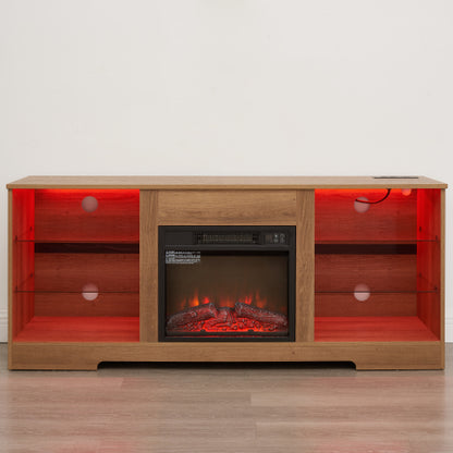 58 Inch Oak Electric Fireplace TV Stand Bluetooth RGB LED Light Media Console with Built-In Power Outlet for 65 Inch TV
