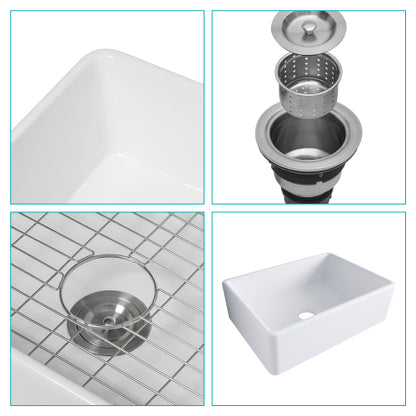 28 White Farmhouse Sink - 28 x 20 x 10 Inch Kitchen Sink Ceramic Porcelain Single Bowl Rectangular Farmer Basin