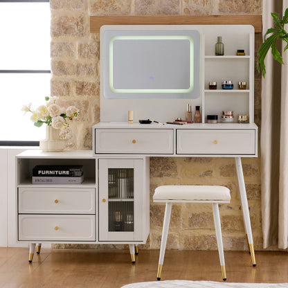 White Expandable Vanity Desk with LED Lighted Mirror, Adjustable Position Side Cabinet, Power Strip & Storage Drawers