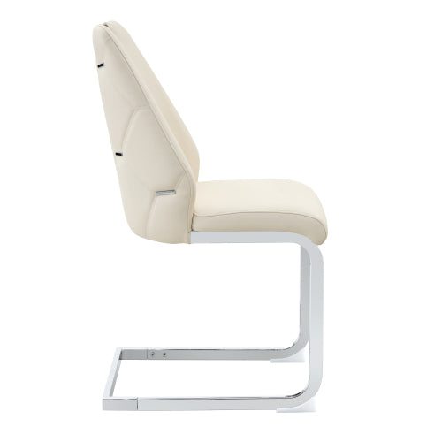 Set of 2 Off White PU Mesh Texture High Back Dining Chairs, Silver Back Ring Chrome Pull Handle Solid Iron Frame