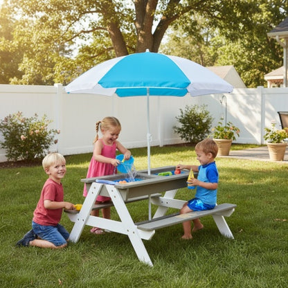 Wooden Kids Picnic Table, Sand and Water Table with Umbrella, Activity Table for Outdoor Backyard Patio Play