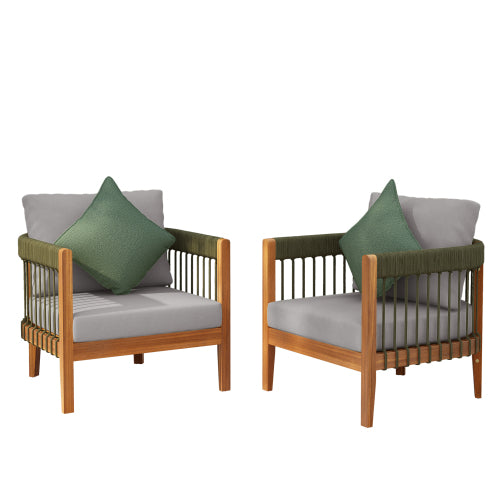 [Set of 2] Acacia Wood Outdoor Club Chair with Handwoven Rope Accents & Curved Backrest - Water-Resistant Boho Patio Lounge Chair with Removable Cushions for Porch, Garden