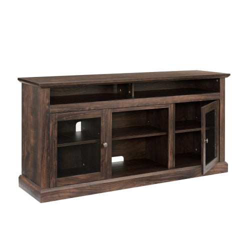 60 Inch Brown Farmhouse Glass Door TV Stand MDF Media Console with 5 Cable Holes Fits TVs Up To 65 Inch