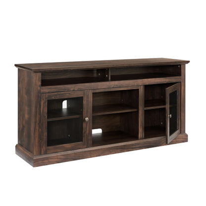 60 Inch Brown Farmhouse Glass Door TV Stand MDF Media Console with 5 Cable Holes Fits TVs Up To 65 Inch