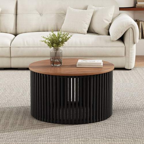 30inch  Acacia Solid Wood Round Coffee Table, Natural & Black Floating Top Accent Table