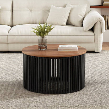 30inch  Acacia Solid Wood Round Coffee Table, Natural & Black Floating Top Accent Table