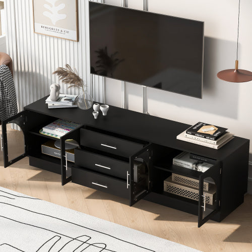 68.9 Inch Minimalist Arched Glass TV Stand for 75 Inch TV with 3 Drawers & Adjustable Shelves