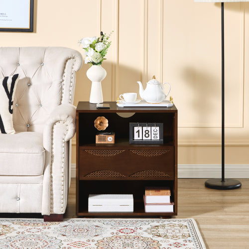 Mid Century Modern Rattan Nightstand with Charging Station USB Ports & Outlet Hole & 4 Solid Wood Bases, Farmhouse End Table with Open Space and Drawer Dresser, Walnut