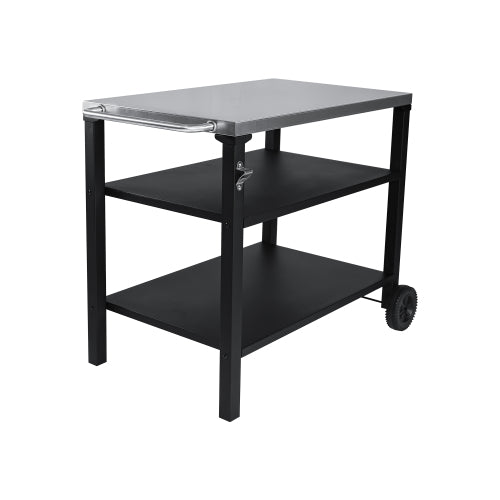 3-Tier Outdoor Grill Cart with Stainless Steel Top, Movable BBQ Prep Table with Wheels, Rolling Serving Bar Cart for Patio, Backyard, Pizza Oven Stand, Black