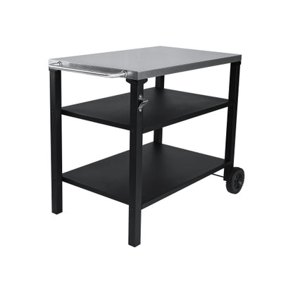 3-Tier Outdoor Grill Cart with Stainless Steel Top, Movable BBQ Prep Table with Wheels, Rolling Serving Bar Cart for Patio, Backyard, Pizza Oven Stand, Black